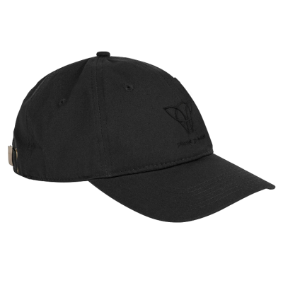 black cap with black stitched logo